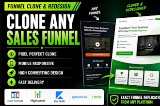 clone, redesign sales funnel, landing page in clickfunnels, gohighlevel, kajabi