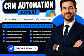 set up monday CRM client onboarding, fub sales pipeline, ghl workflow automation