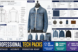 detailed fashion tech packs with 3d modeling or technical sheet of your clothes