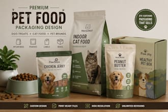 design pet food packaging, dog treat labels, mylar bags, pouches and boxes