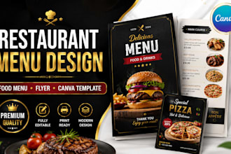 create restaurant flyer, food menu, editable canva template design