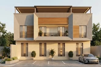 redesign modern 3d apartment building, exterior  concrete frame, rooftop pergola