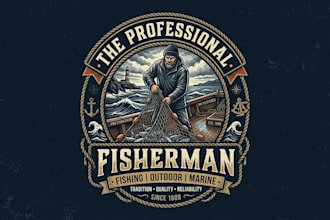 design a professional fisherman logo for fishing, outdoor, and marine businesses