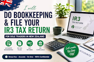 do bookkeeping and file your new zealand ir3 tax audit return for sole traders
