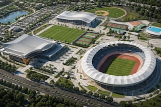 design realistic 3d sport complex and facilities, stadiums, gym, an 3d rendering