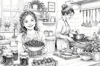 create digital white and black illustration in pen and ink art style, line art