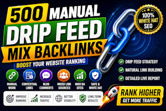 build 500 manual drip feed SEO mix backlinks with contextual links