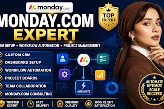 set up monday com CRM, automation and project management as your monday expert