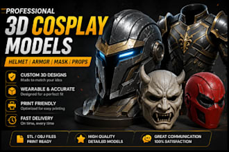 design 3d cosplay model, cosplay helmet, wearable armor and halloween mask
