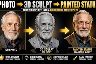 sculpt realistic 2d photo to 3d bust likeness head model obj 3mf stl 3d printing