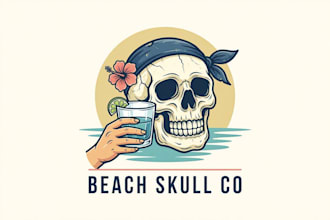 design a premium beach skull hand holding a glass logo for your brand