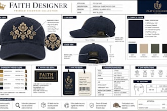 create cap tech pack with embroidery, woven labels, hang tags for manufacturing