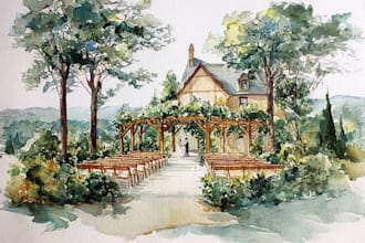 draw watercolor wedding venue, house, landscape