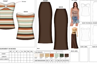 create fashion tech pack, technical drawings flat sketch and apparel spec sheet