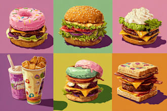 create colorful food pop art illustrations for restaurants