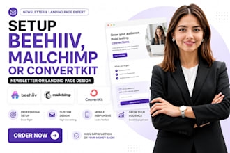 setup beehiiv, mailchimp or convertkit newsletter or landing page design