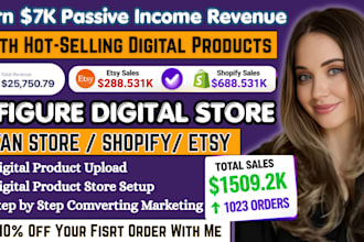 setup 7figure shopify digital product store, etsy shop, stan store digital store