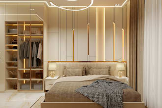 redesign master bedroom, 3d interior renders, wall closet,shelf design, 3d video