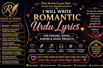 write romantic urdu lyrics for singers songs albums and music projects