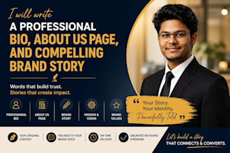 write a professional bio, about us page, and compelling brand story