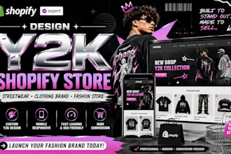 design y2k shopify store for streetwear clothing fashion business brans and seo