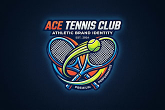 design a dynamic tennis racket logo for sports, tennis club and athletic brand