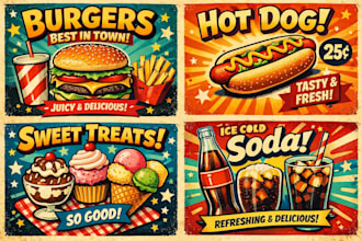 create retro food pop art posters and vintage restaurant artwork