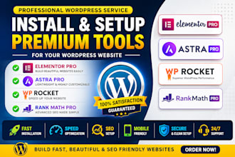install elementor pro, astra pro, wp rocket and rank math pro on wordpress