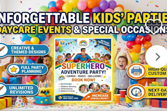 design kids flyer, kids party, children party, and kids brochure