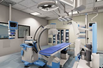 design 3d hybrid operating room, hospital theatre room, surgical suite, cath lab