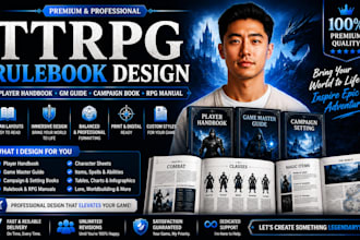 design ttrpg rulebook character sheet, gm guide, rpg manual pdf formatting