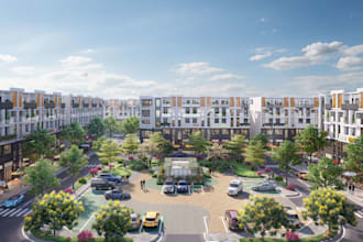 create 3d commercial architectural building, real estate rendering, retail store