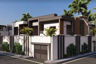 revisualize modern villa, facade landscape, built home plan, detached residence