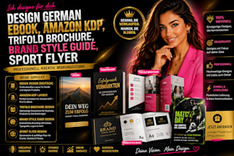 design german ebook, amazon kdp,trifold brochure, brand style guide, sport flyer