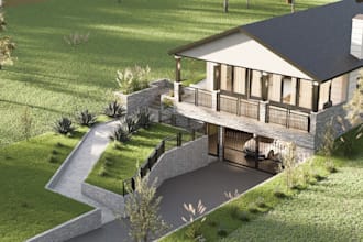 visual slope residential building,modern farm house,property plan,outdoor living