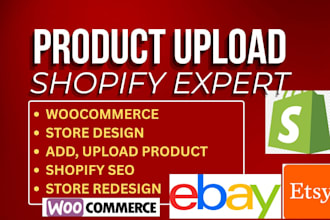 add products, upload, optimize to shopify, woocommerce, amazon or ebay with SEO