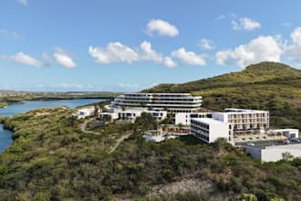 balance building on slope site,luxury hillside resort, sketch to 3d visual,v ray