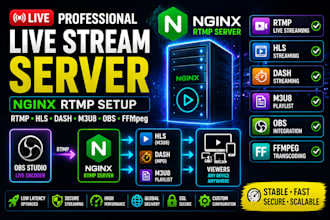 setup nginx rtmp live streaming server with hls, dash, m3u8, ffmpeg, obs and vlc