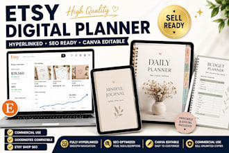 design etsy digital planner, hyperlinked planner, digital journal and stickers