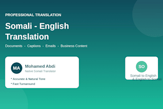 translate somali to english for documents, captions, and business content