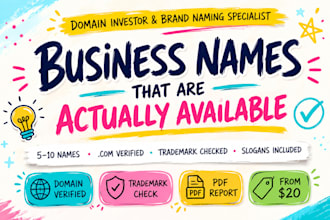 find 5 business names, brand names, product names and available web domain names