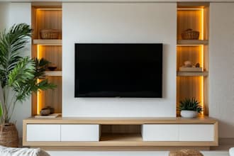 do modern 3d interior design living room with media wall and TV shelf fireplace