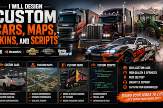 design custom cars, maps, skins, and scripts for beamng, ets2, ats, and fs22