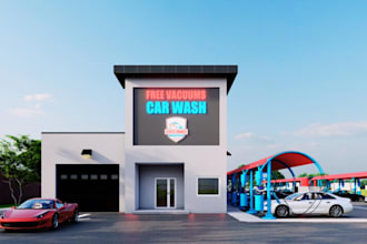 design realistic 3d car wash, auto detailing and vehicle service center