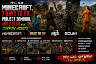 mod minecraft, 7 days to die, project zomboid, and scum with custom assets