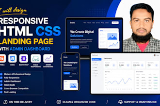design a responsive HTML CSS landing page with admin dashboard