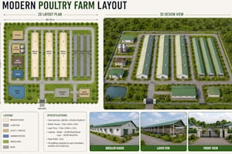 design a modern 3d poultry farm layout, broiler house, layer pen an chicken farm