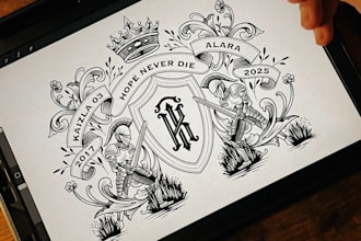 design custom retro sketch of alara atelier and coat of arms logo