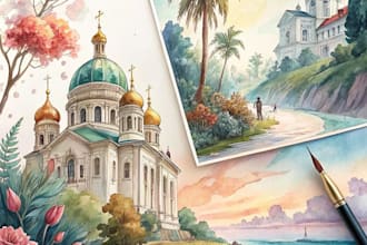 draw an architectural digital marker or watercolor sketches