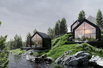 multiple hillside eco cabin,tiny home space,3d site plan,lakeside retreat render